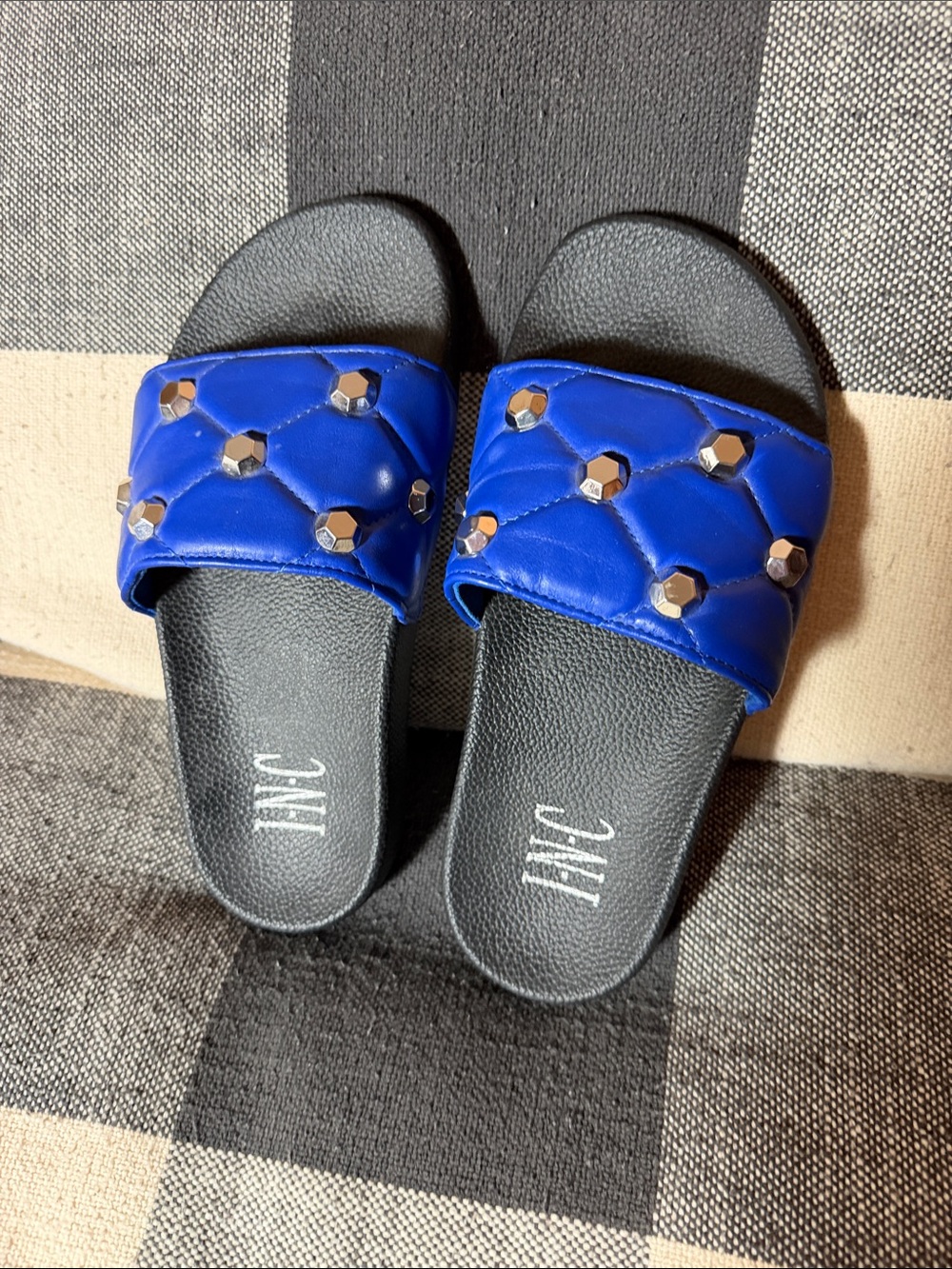 INC International Concepts Royal Blue Quilted Slide Sandals with Silver Studs